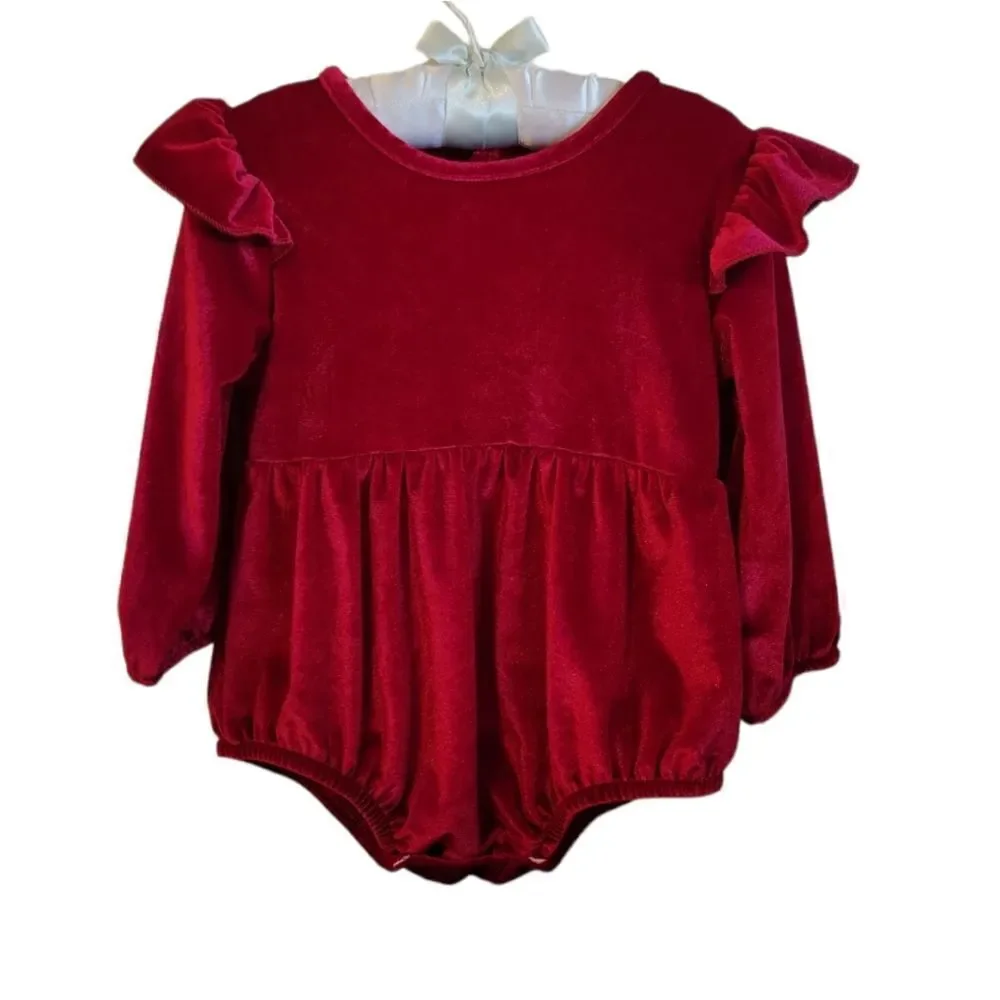 NWOT Red Cranberry Candy Apple Velvet Long Sleeve Bubble Romper Girls 18-24M